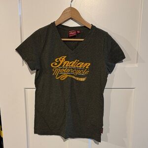 Indian Motorcycle Women's Short Sleeve V-Neck Tee - Olive with Yellow Logo